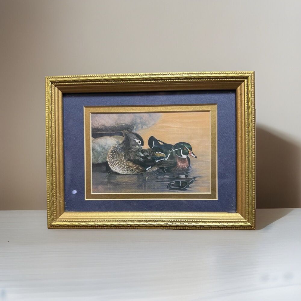 Vintage Gold Framed Mated Wood Ducks Picture 8x6 Cabin Cottage Hunting Rustic